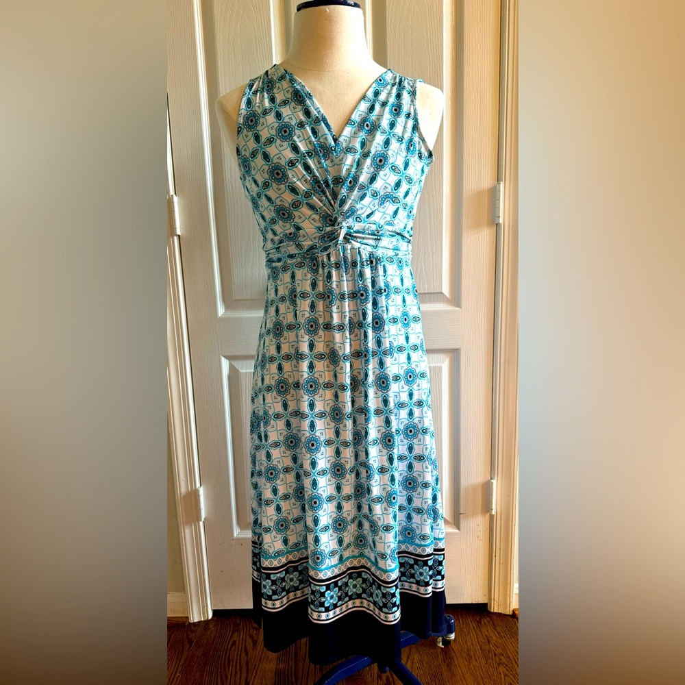 Dana Buchman Aqua Navy White Floral Paisley Slip on Midi Dress Size M (8/10)